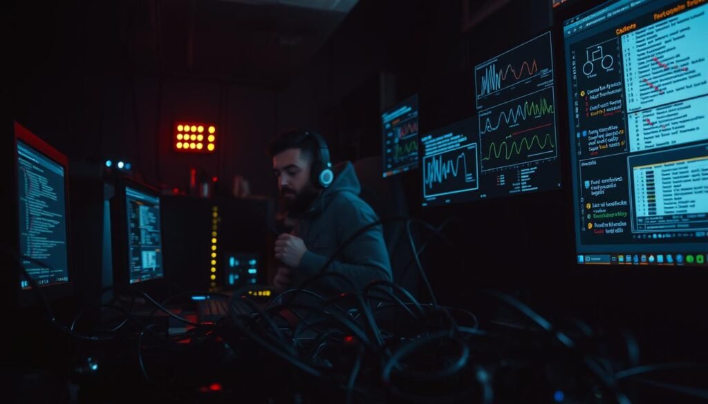 A dark, moody laboratory setting illuminated by the glow of computer screens. In the foreground, a tangle of wires and circuit boards, hinting at the intricate web of a complex software system. In the middle ground, a developer intently studying lines of code, their face cast in a contemplative expression. In the background, a series of visual representations - graphs, diagrams, and data visualizations - showcasing the methodological approach to detecting race conditions, the very vulnerabilities that can be exploited by hackers. The scene conveys a sense of both technical complexity and the pursuit of understanding, a testament to the diligence required to secure modern web applications. A dark, moody laboratory setting illuminated by the glow of computer screens. In the foreground, a tangle of wires and circuit boards, hinting at the intricate web of a complex software system. In the middle ground, a developer intently studying lines of code, their face cast in a contemplative expression. In the background, a series of visual representations - graphs, diagrams, and data visualizations - showcasing the methodological approach to detecting race conditions, the very vulnerabilities that can be exploited by hackers. The scene conveys a sense of both technical complexity and the pursuit of understanding, a testament to the diligence required to secure modern web applications.