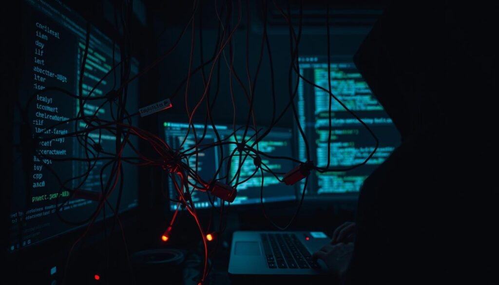 A dark, moody scene of dangling DNS records, cast in the eerie glow of an ominous computer screen. In the foreground, a tangled web of domain names and IP addresses hover precariously, their connections frayed and vulnerable. The middle ground features a tangle of code snippets and terminal windows, hinting at the technical intricacies of exploiting these exposed assets. In the background, a shadowy figure lurks, their hands hovering over a keyboard, ready to pounce on the exposed vulnerabilities. The overall atmosphere conveys a sense of unease and the potential for misuse, underscoring the delicate nature of the "Subdomain Heist" and the importance of responsible exploration. A dark, moody scene of dangling DNS records, cast in the eerie glow of an ominous computer screen. In the foreground, a tangled web of domain names and IP addresses hover precariously, their connections frayed and vulnerable. The middle ground features a tangle of code snippets and terminal windows, hinting at the technical intricacies of exploiting these exposed assets. In the background, a shadowy figure lurks, their hands hovering over a keyboard, ready to pounce on the exposed vulnerabilities. The overall atmosphere conveys a sense of unease and the potential for misuse, underscoring the delicate nature of the "Subdomain Heist" and the importance of responsible exploration.