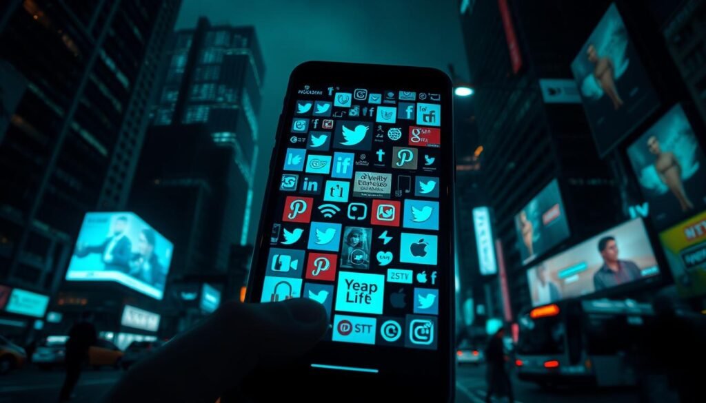 A dark, ominous cityscape at night, with towering skyscrapers and neon-lit billboards. In the foreground, a smartphone screen displays a collage of social media logos, notifications, and user data - a visual representation of the invasive data collection and privacy concerns associated with high-risk social media apps. The scene is bathed in an eerie, bluish-green glow, creating a sense of unease and the feeling of being under surveillance. The composition is shot from a low angle, emphasizing the overwhelming, oppressive nature of the technology's grip on modern life. The overall atmosphere conveys the unsettling reality of how our personal information can be exploited through the ubiquitous presence of social media in our daily lives.