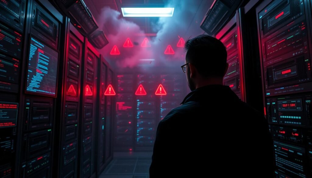 A dark, ominous data center engulfed in a malevolent digital storm. Glitching screens, corrupted files, and fractured servers suggest the devastation of a ransomware attack. In the foreground, a solitary administrator stares helplessly at the chaos, their face etched with concern. Crimson warning symbols pulse across the middle ground, while the background is shrouded in an eerie, foreboding atmosphere of technological collapse. Dramatic chiaroscuro lighting casts dramatic shadows, heightening the sense of dread and urgency. Rendered in a photorealistic style with a cinematic wide-angle lens, this image conveys the catastrophic impact of modern ransomware on critical data systems.