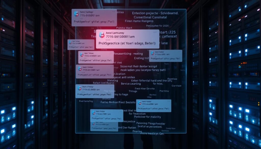 A dark, ominous data center in the year 2025, with rows of server racks and blinking lights. In the foreground, a holographic display shows a cascade of phishing emails, their subject lines and sender addresses shifting and morphing. Shadowy figures loom in the background, manipulating the data streams. The lighting is harsh and dramatic, casting deep shadows. The overall mood is one of growing digital threat and technological complexity. The scene conveys the sense of a rapidly evolving cybersecurity landscape, where new email-borne attacks have become more sophisticated and harder to detect. A dark, ominous data center in the year 2025, with rows of server racks and blinking lights. In the foreground, a holographic display shows a cascade of phishing emails, their subject lines and sender addresses shifting and morphing. Shadowy figures loom in the background, manipulating the data streams. The lighting is harsh and dramatic, casting deep shadows. The overall mood is one of growing digital threat and technological complexity. The scene conveys the sense of a rapidly evolving cybersecurity landscape, where new email-borne attacks have become more sophisticated and harder to detect.