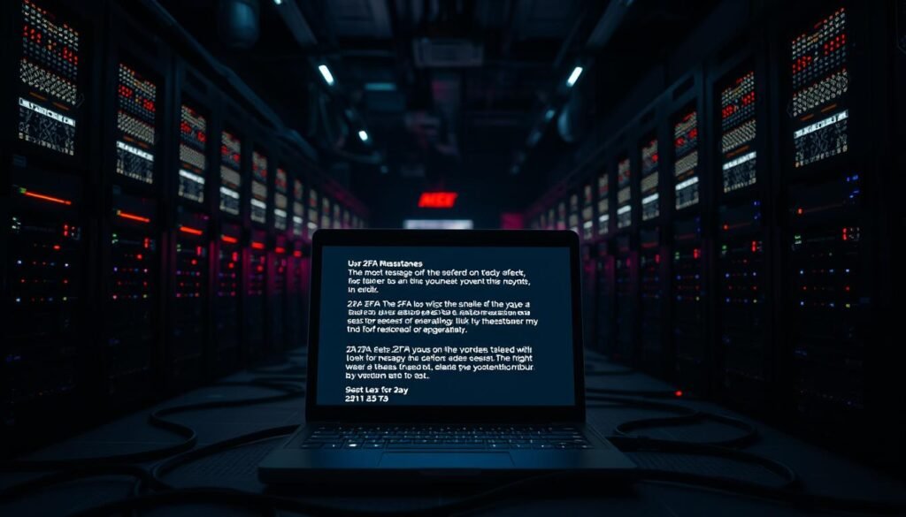 A dark, ominous data center, with rows of blinking servers casting an eerie glow. In the foreground, a single laptop screen displays a series of bizarre 2FA text messages, hinting at the unfolding cybersecurity nightmare. The middle ground is shrouded in an unsettling atmosphere, with cables snaking across the floor and ominous shadows creeping in from the corners. The background is a blur of flashing lights and the faint hum of machinery, creating a sense of unease and the loss of control. The lighting is harsh and dramatic, casting sharp contrasts and emphasizing the gravity of the situation. The overall scene conveys a sense of violation, vulnerability, and the urgent need for digital security and cleanup.