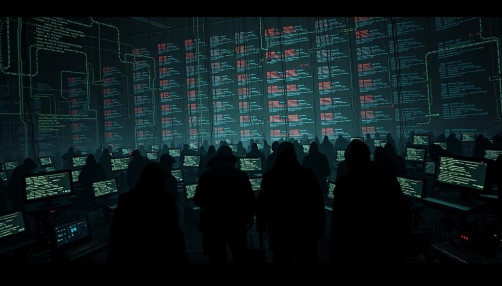 A dark, ominous digital landscape, where lines of code and glowing nodes intertwine like a web of malicious intent. In the foreground, a swarm of shadowy figures, their forms indistinct, manipulating a sprawling network of compromised devices. The background is a haunting array of flickering screens, displaying data streams and cascading error messages, a testament to the scale and impact of the botnet's activities. The lighting is harsh and unforgiving, casting deep shadows and highlighting the sinister nature of the scene. The perspective is dynamic, drawing the viewer into the heart of the attack, conveying a sense of urgency and the overwhelming power of the botnet.