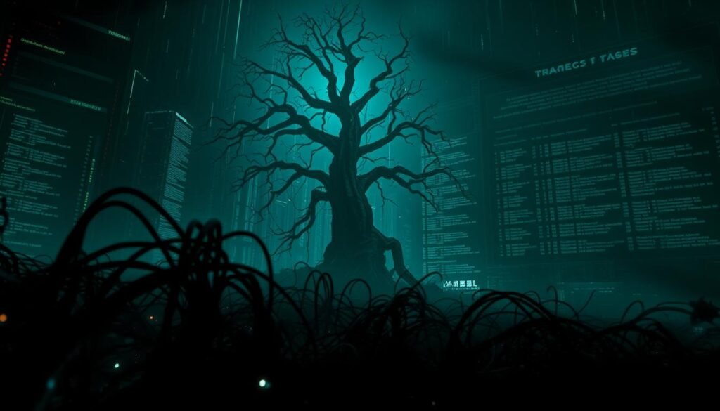 A dark, ominous digital landscape where malicious processes lurk, their sinister activities illuminated by an eerie, ethereal glow. In the foreground, a shadowy tangle of corrupted code and data streams, hinting at the nefarious deeds unfolding. The middle ground features a towering, glitched-out process tree, its branches twisting and distorting, reflecting the chaos and disorder within. In the distance, a backdrop of corrupted memory banks and system logs, casting an unsettling pall over the scene. The overall atmosphere is one of unease and danger, with a sense of the unknown lurking beneath the surface. Dramatic lighting, a high-contrast palette, and a cinematic camera angle combine to create a sense of foreboding and the need for vigilance in the face of these malicious intrusions. A dark, ominous digital landscape where malicious processes lurk, their sinister activities illuminated by an eerie, ethereal glow. In the foreground, a shadowy tangle of corrupted code and data streams, hinting at the nefarious deeds unfolding. The middle ground features a towering, glitched-out process tree, its branches twisting and distorting, reflecting the chaos and disorder within. In the distance, a backdrop of corrupted memory banks and system logs, casting an unsettling pall over the scene. The overall atmosphere is one of unease and danger, with a sense of the unknown lurking beneath the surface. Dramatic lighting, a high-contrast palette, and a cinematic camera angle combine to create a sense of foreboding and the need for vigilance in the face of these malicious intrusions.