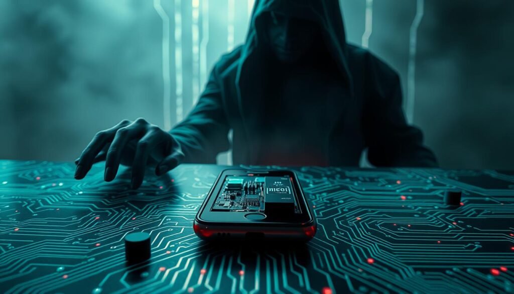 A dark, ominous figure looms over a vulnerable Android device, its shadowy tendrils snaking across the screen, symbolizing the insidious nature of mobile malware. In the foreground, an intricate, circuit-like pattern pulsates with an eerie, neon glow, hinting at the complex, technical nature of the threat. The middle ground depicts a partially disassembled Android smartphone, its internal components exposed, as if under the microscope of a hacker's gaze. The background is shrouded in an ominous, foreboding atmosphere, with hazy, glowing lines that suggest the far-reaching impact of outdated Android app vulnerabilities. A dark, ominous figure looms over a vulnerable Android device, its shadowy tendrils snaking across the screen, symbolizing the insidious nature of mobile malware. In the foreground, an intricate, circuit-like pattern pulsates with an eerie, neon glow, hinting at the complex, technical nature of the threat. The middle ground depicts a partially disassembled Android smartphone, its internal components exposed, as if under the microscope of a hacker's gaze. The background is shrouded in an ominous, foreboding atmosphere, with hazy, glowing lines that suggest the far-reaching impact of outdated Android app vulnerabilities.