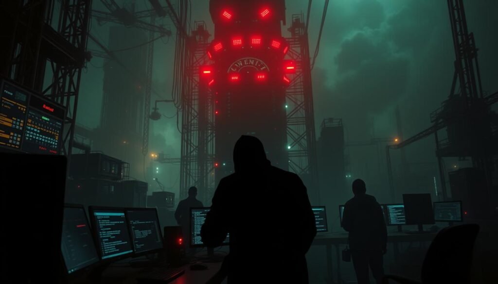 A dark, ominous industrial landscape dominated by a towering control panel with blinking lights and ominous machinery. In the foreground, ghostly silhouettes of hackers manipulating complex lines of code, their movements reflected in the glow of monitors. The background is shrouded in an eerie, digital haze, suggesting the pervasive, invisible nature of the cyber threat. Dramatic high-contrast lighting and a moody color palette evoke a sense of danger and technical mastery. The scene conveys the core techniques of fileless malware attacks - the ability to operate stealthily within a system, bypassing traditional security measures.