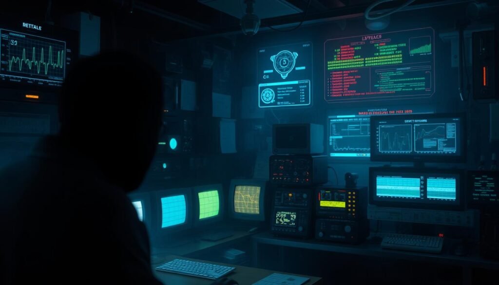 A dark, ominous laboratory setting with various analytical instruments and displays. In the foreground, a hazy silhouette of a cybersecurity expert observing a computer screen, their face obscured in shadow. The middle ground features an array of oscilloscopes, probes, and monitoring devices, casting an eerie glow. The background is shrouded in a hazy, technological atmosphere, with holographic projections and diagnostic readouts flickering in the dim light. The overall mood is one of intense focus and a sense of uncovering the hidden complexities of malware behavior.