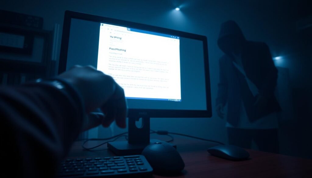 A dark, ominous office setting with a computer monitor dimly lit, displaying a phishing email. In the foreground, a hand reaches for the mouse, the fingers poised to click the malicious link. The middle ground shows a shadowy figure lurking, watching the user's every move, symbolizing the social engineering tactics employed. The background is hazy, with a sense of unease and the feeling of being watched, emphasizing the stealthy, invisible nature of the attack. The lighting is dramatic, casting long shadows and creating a sense of mystery and foreboding. The camera angle is slightly low, adding to the sense of vulnerability and the power dynamics at play.