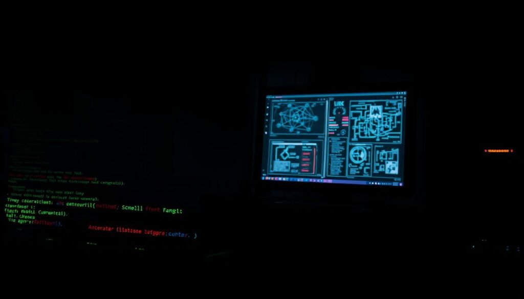 A dark, ominous scene depicting the complex world of cybersecurity. In the foreground, an array of menacing-looking programming scripts and payloads, their code glowing with an eerie luminescence. In the middle ground, a computer screen displays intricate network diagrams and vulnerability assessments, hinting at the intricate techniques required to bypass security measures. The background is shrouded in shadows, suggesting the clandestine nature of these activities. The lighting is harsh, creating dramatic contrasts and emphasizing the technical, industrial nature of the scene. The overall atmosphere is one of tension and danger, reflecting the high-stakes world of ethical hacking and penetration testing. A dark, ominous scene depicting the complex world of cybersecurity. In the foreground, an array of menacing-looking programming scripts and payloads, their code glowing with an eerie luminescence. In the middle ground, a computer screen displays intricate network diagrams and vulnerability assessments, hinting at the intricate techniques required to bypass security measures. The background is shrouded in shadows, suggesting the clandestine nature of these activities. The lighting is harsh, creating dramatic contrasts and emphasizing the technical, industrial nature of the scene. The overall atmosphere is one of tension and danger, reflecting the high-stakes world of ethical hacking and penetration testing.