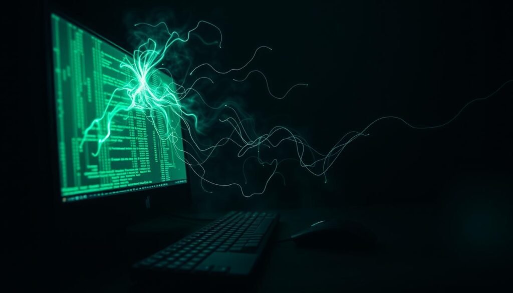 A dark, ominous scene of a computer system under the grip of fileless malware. In the foreground, an eerie green glow emanates from the monitor, casting an unsettling light on the keyboard and mouse. Wispy, ethereal tendrils of code appear to seep from the device, enveloping it in a shroud of digital decay. The middle ground is shrouded in deep shadows, hinting at the unseen, lurking dangers of this invisible threat. The background is a vast, impenetrable darkness, a void that symbolizes the pervasive and undetectable nature of fileless malware. The lighting is low-key, creating a sense of tension and unease, as if the viewer is caught in the crosshairs of a silent, sophisticated attack. The camera angle is slightly tilted, adding to the disorienting and precarious atmosphere.