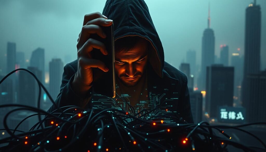 A dark, ominous smartphone screen looming over a worried human figure, casting an eerie digital shadow. In the foreground, a menacing tangle of wires and circuit boards, pulsing with an unnatural glow, symbolizing the invasive nature of these covert apps. The middle ground features fragmented data streams, glitching and distorting the human's form, hinting at the violation of privacy. The background is a hazy, dystopian cityscape, its towering skyscrapers and neon lights creating an atmosphere of technological surveillance and control. Dramatic chiaroscuro lighting, with deep shadows and stark highlights, conveys the gravity of the situation. An unsettling, cinematic perspective, as if the viewer is the subject of the invasive apps' scrutiny.