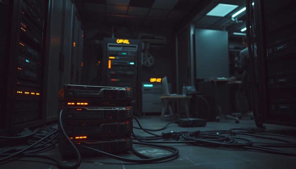 A dark server room, dimly lit by the soft glow of blinking status lights. In the foreground, a stack of aging backup drives sits precariously, dust gathering on their weathered exteriors. Cables snake across the floor, connecting to a tangle of outdated hardware - a stark contrast to the sleek, modern systems in the middle ground. The background reveals a shadowy corner, where a lone IT technician hunches over a keyboard, grappling with the complexities of an antiquated backup management interface. An atmosphere of neglect and vulnerability permeates the scene, hinting at the hidden security risks inherent in these legacy backup systems.