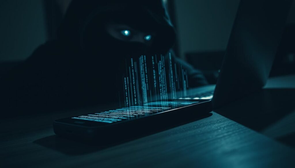 A dark, shadowy figure hunched over a laptop, their eyes glinting with malicious intent. In the foreground, a smartphone lies open, its screen displaying sensitive data being siphoned away. Ominous lines of code cascade across the device's surface, reflecting the breach of privacy. The background is a blurred, nondescript interior, creating an atmosphere of unease and vulnerability. Harsh, dramatic lighting casts sharp shadows, emphasizing the clandestine nature of the data theft. A cinematic, high-contrast aesthetic conveys the gravity of the situation, the sense of a personal space violated and personal information compromised.