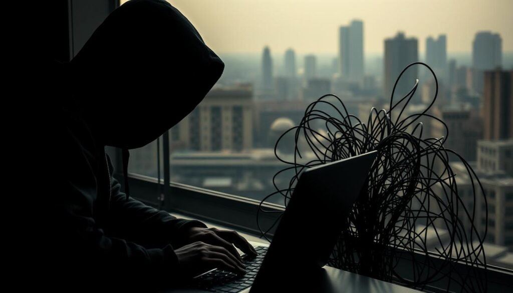 A dark, shadowy figure in the foreground, hunched over a laptop, their face obscured by a hooded sweatshirt. The laptop's screen displays a jumble of code, numbers, and symbols, hinting at the malicious data theft in progress. In the middle ground, a tangle of digital connections and network cables, pulsing with ominous energy. The background is a blurred, anonymous cityscape, suggesting the broader context of the attack. The lighting is harsh and dramatic, casting deep shadows and highlighting the technical details. The overall mood is one of tension, danger, and the unseen consequences of digital intrusion.