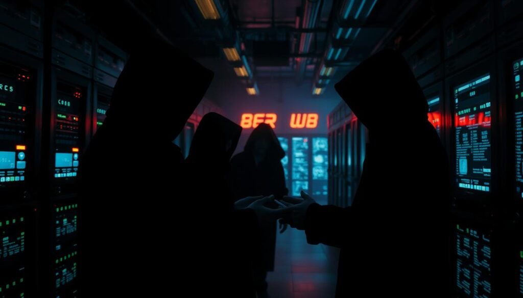 A dark, shadowy marketplace on the deep web, with hooded figures exchanging data in the foreground. The background features rows of server racks, glowing screens, and a tangible sense of secrecy and danger. Dim, moody lighting creates an atmosphere of unease, while a grainy, high-contrast filter adds to the clandestine, illicit nature of the scene. The composition emphasizes the seamless integration of the physical and digital realms, where stolen personal information is bought and sold in the shadows of the internet.