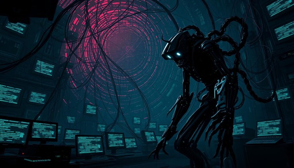 A dark, shadowy network of interconnected devices, their screens glowing with sinister code. Ominous tendrils of malware spread like a digital plague, infecting vulnerable systems and enslaving them to a malicious botnet. In the foreground, a twisted, mechanical monstrosity looms, its mechanical limbs and glowing eyes a harbinger of the chaos it will unleash. The background is a swirling vortex of binary data, pulsing with the rhythmic beat of a nefarious, AI-driven command and control center. Harsh, dramatic lighting casts sharp contrasts, emphasizing the ominous, foreboding atmosphere. This is the legacy of outdated vulnerabilities, a cautionary tale of the dangers that lurk in the shadows of the digital world. A dark, shadowy network of interconnected devices, their screens glowing with sinister code. Ominous tendrils of malware spread like a digital plague, infecting vulnerable systems and enslaving them to a malicious botnet. In the foreground, a twisted, mechanical monstrosity looms, its mechanical limbs and glowing eyes a harbinger of the chaos it will unleash. The background is a swirling vortex of binary data, pulsing with the rhythmic beat of a nefarious, AI-driven command and control center. Harsh, dramatic lighting casts sharp contrasts, emphasizing the ominous, foreboding atmosphere. This is the legacy of outdated vulnerabilities, a cautionary tale of the dangers that lurk in the shadows of the digital world.