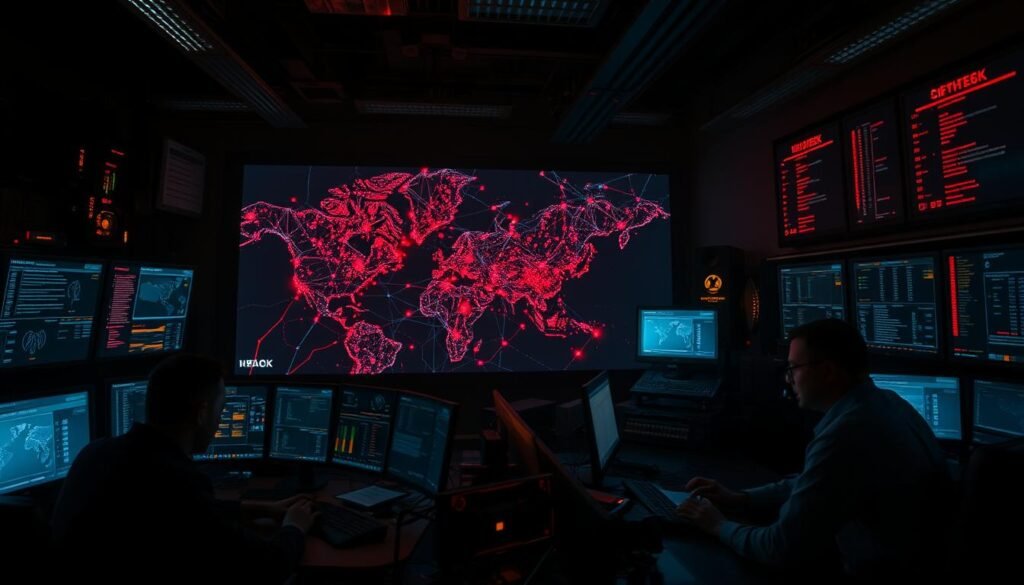 A darkened command center, bathed in the glow of multiple screens and alert indicators. Tense operators hunched over consoles, frantically typing commands as warning lights flash. In the foreground, a large display shows a real-time map of network activity, with pulsing red hotspots indicating a widespread security breach. The atmosphere is one of urgency and high-stakes, conveying the intensity and gravity of a major cybersecurity incident unfolding in real-time. Dramatic chiaroscuro lighting casts dramatic shadows, heightening the sense of drama and high-pressure decision-making. The overall scene evokes the "minute-by-minute" chaos and gravity of responding to a significant security breach.