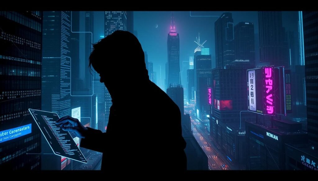 A darkened cyberpunk cityscape, the neon glow of skyscrapers casting an eerie light on the streets below. In the foreground, a shadowy figure manipulates a holographic interface, lines of code flickering across the display. Tendrils of digital energy emanate from the figure, intertwining with the infrastructure of the city, creating a seamless, invisible connection. The background is a labyrinth of data, with streams of information flowing through hidden channels, evading the watchful eye of traditional security measures. The atmosphere is one of unease, as the boundaries between the physical and digital worlds blur, and the true nature of "fileless" malware is revealed in all its elusive, powerful glory.
