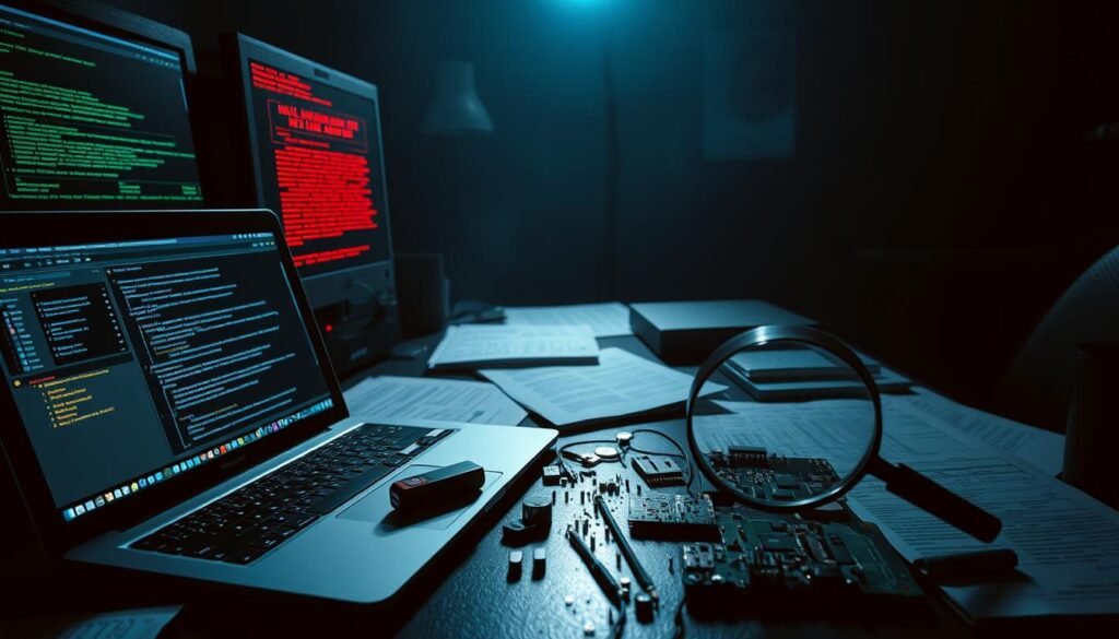 A darkened cybersecurity lab, dimly lit by the glow of computer screens. In the foreground, a laptop displays complex malware analysis tools, surrounded by printed reports and scattered notes. In the middle ground, a hybrid of digital and physical evidence - a USB drive, a disassembled circuit board, and a magnifying glass hovering over a circuit trace. The background is obscured in shadow, hinting at the evasive, evolving nature of the threat being investigated. The lighting is dramatic, casting sharp shadows and highlighting the focus on deep, comprehensive analysis. The mood is one of intense concentration and determination to uncover the hidden workings of a sophisticated cyber attack.