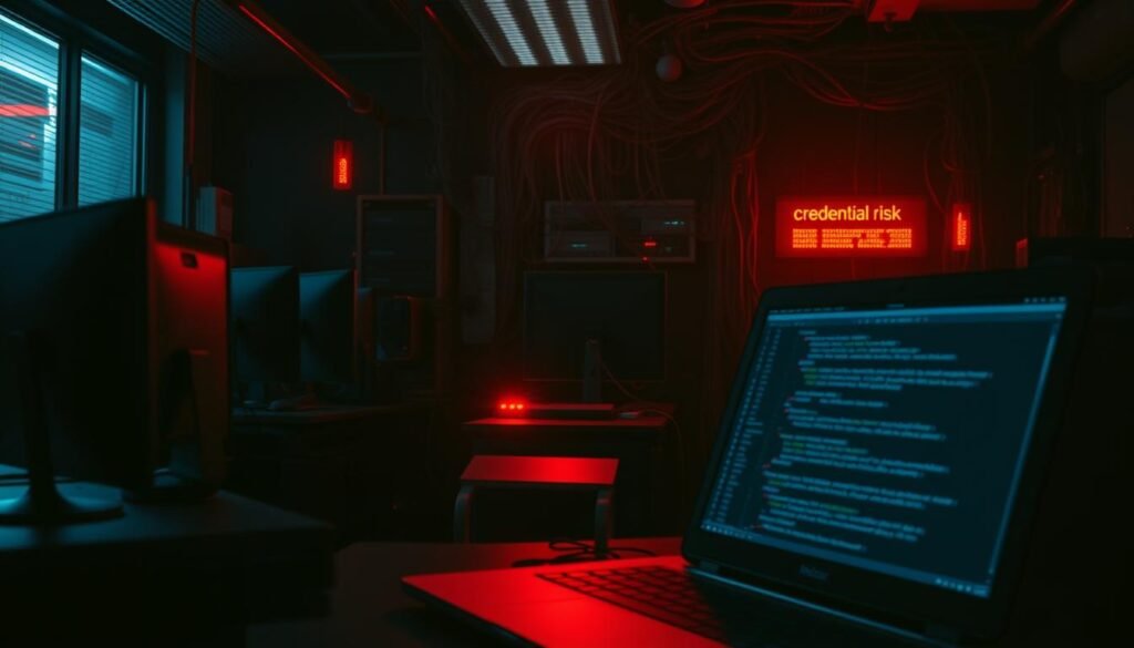 A darkened office setting, desks and computers casting eerie shadows. In the foreground, a laptop screen flickers with lines of code, hinting at a breach. Ominous red warning lights cast an unsettling glow, underscoring the gravity of the "credentials risk" at hand. In the background, a tangled web of network cables and servers, reflecting the complex and interconnected nature of modern cybersecurity threats. The scene conveys a sense of urgency and unease, as if the viewer is witnessing the aftermath of a major data breach, with the implications yet to be fully understood.
