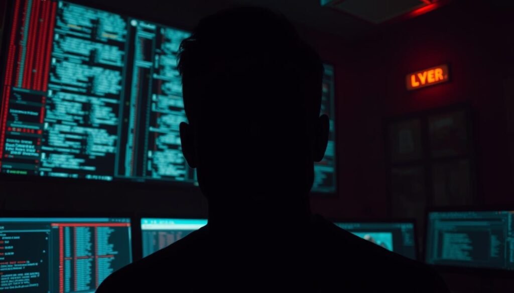 A darkened room, illuminated by the eerie glow of computer screens. In the foreground, a shadowy figure - their face distorted and shifting, a seamless blend of familiar features. Behind them, a matrix of digital data streams, hinting at the complex algorithms that enable this unsettling impersonation. The atmosphere is tense, the implications ominous - a glimpse into the unsettling world of deepfakes, where synthetic media blurs the line between reality and deception. Cinematic lighting casts dramatic shadows, highlighting the technical precision and unsettling nature of this AI-powered hacking tool.