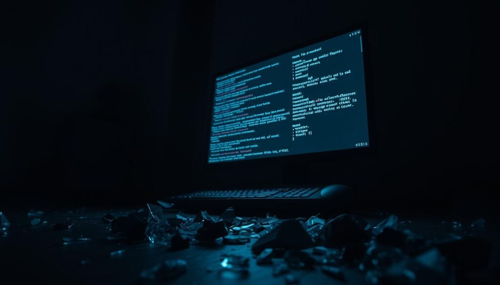 A darkened room, the glow of a computer screen casting eerie shadows. On the screen, lines of code scroll rapidly, hinting at a sinister breach. Shards of broken glass litter the floor, a testament to the violence of the intrusion. The atmosphere is tense, the air thick with the weight of a digital trespass. Harsh, dramatic lighting illuminates the scene, casting an ominous tone. The camera angle is low, emphasizing the sense of vulnerability and the gravity of the situation. This is the aftermath of a website breach, a cautionary tale of the importance of robust security measures.