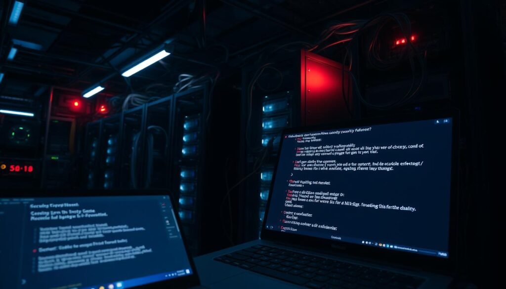 A darkened server room, dimly lit by flickering lights. Racks of equipment stand in disarray, cables tangled and exposed. In the foreground, a laptop screen displays error messages and security alerts, highlighting vulnerabilities in the system configuration. The atmosphere conveys a sense of unease and potential danger, underscoring the importance of proper server and framework maintenance. A wide-angle lens captures the scene, emphasizing the scale and complexity of the issue. The overall mood is one of technological dysfunction and the need for diligent security practices.