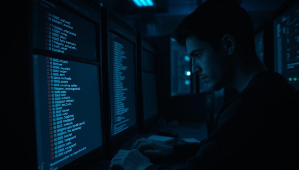 A darkened server room, dimly lit by the glow of computer screens. In the foreground, a terminal displays a cascading list of user accounts, their details illuminated by the soft blue light. The administrator, intent on their task, their face obscured by the shadows, types commands with focused precision, enumerating the system's users and probing for vulnerabilities. The atmosphere is one of quiet intensity, as the investigation delves deeper into the depths of the network, uncovering insights that could lead to further exploitation. A darkened server room, dimly lit by the glow of computer screens. In the foreground, a terminal displays a cascading list of user accounts, their details illuminated by the soft blue light. The administrator, intent on their task, their face obscured by the shadows, types commands with focused precision, enumerating the system's users and probing for vulnerabilities. The atmosphere is one of quiet intensity, as the investigation delves deeper into the depths of the network, uncovering insights that could lead to further exploitation.