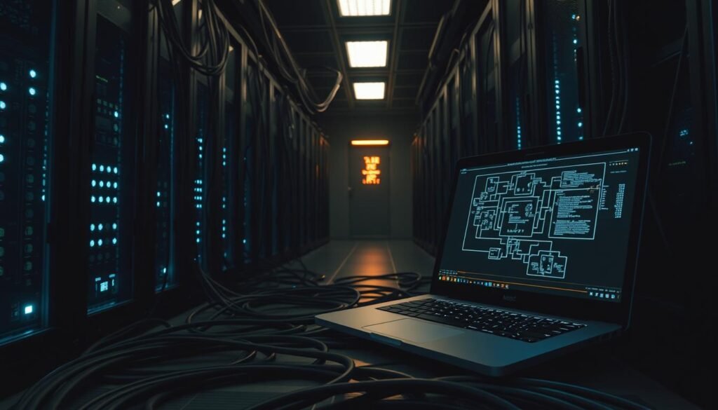 A darkened server room with intricate network cables snaking across the floor. In the foreground, a laptop screen displays a complex schematic diagram, illustrating the technical details of a "last-byte synchronization attack." The image should convey a sense of tension and technical sophistication, with subtle highlights illuminating the key components. The lighting should be moody and atmospheric, casting dramatic shadows that add depth and mystery to the scene. The camera angle should be slightly elevated, providing an overview of the scenario while drawing the viewer's attention to the laptop display and the underlying vulnerability being exploited. A darkened server room with intricate network cables snaking across the floor. In the foreground, a laptop screen displays a complex schematic diagram, illustrating the technical details of a "last-byte synchronization attack." The image should convey a sense of tension and technical sophistication, with subtle highlights illuminating the key components. The lighting should be moody and atmospheric, casting dramatic shadows that add depth and mystery to the scene. The camera angle should be slightly elevated, providing an overview of the scenario while drawing the viewer's attention to the laptop display and the underlying vulnerability being exploited.