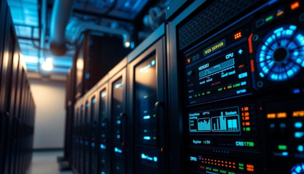 A data center server room, dimly lit with cool blue hues, server racks neatly arranged in rows. Glowing indicator lights on the front panels, fans humming softly. In the foreground, a close-up view of a server's diagnostic display, showing network activity, CPU utilization, and system status. In the background, a towering server stack, cables snaking behind the racks, creating a sense of complexity and interconnectedness. The scene exudes a sense of technological prowess, with a hint of the power and responsibility entrusted to the web server, guarding the online presence it supports.