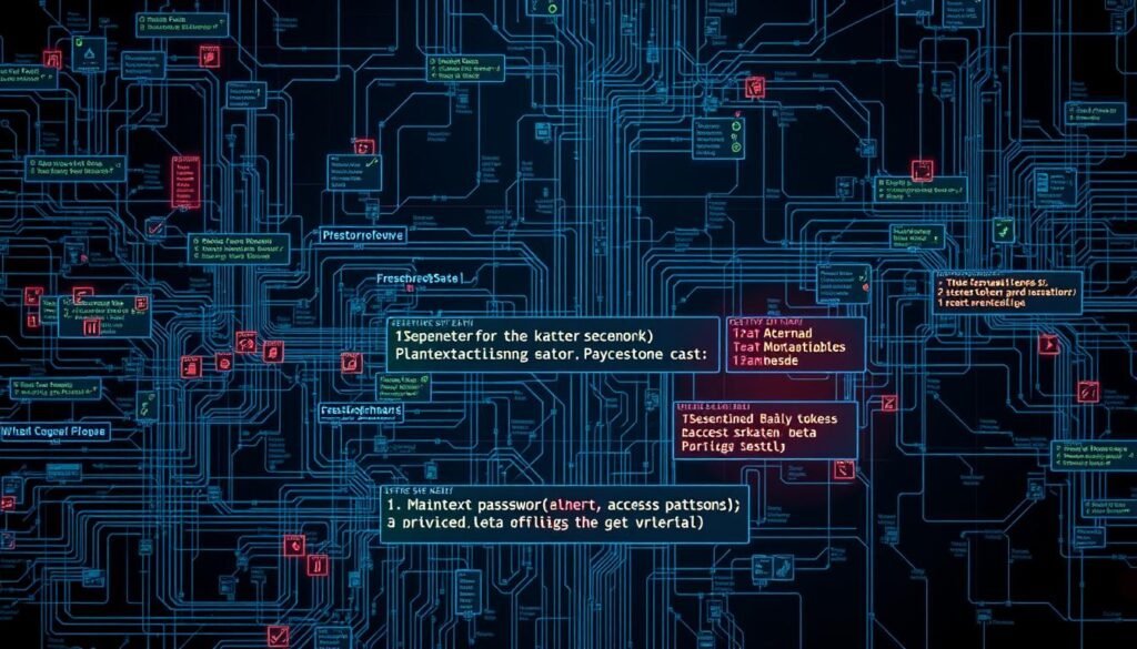 A dense, interconnected network of attack paths, nodes, and memory segments visualized in a highly technical, schematic style. The foreground depicts a complex web of data flows, memory addresses, and security vulnerabilities, rendered in shades of blue, green, and red. The middle ground showcases individual memory segments, each containing sensitive information such as plaintext passwords, access tokens, and other privileged data, illuminated by a focused, dramatic lighting. The background features a dark, ominous backdrop, suggesting the gravity and potential consequences of the exposed attack surface. The overall composition conveys a sense of technical depth, urgency, and the need for comprehensive security measures.
