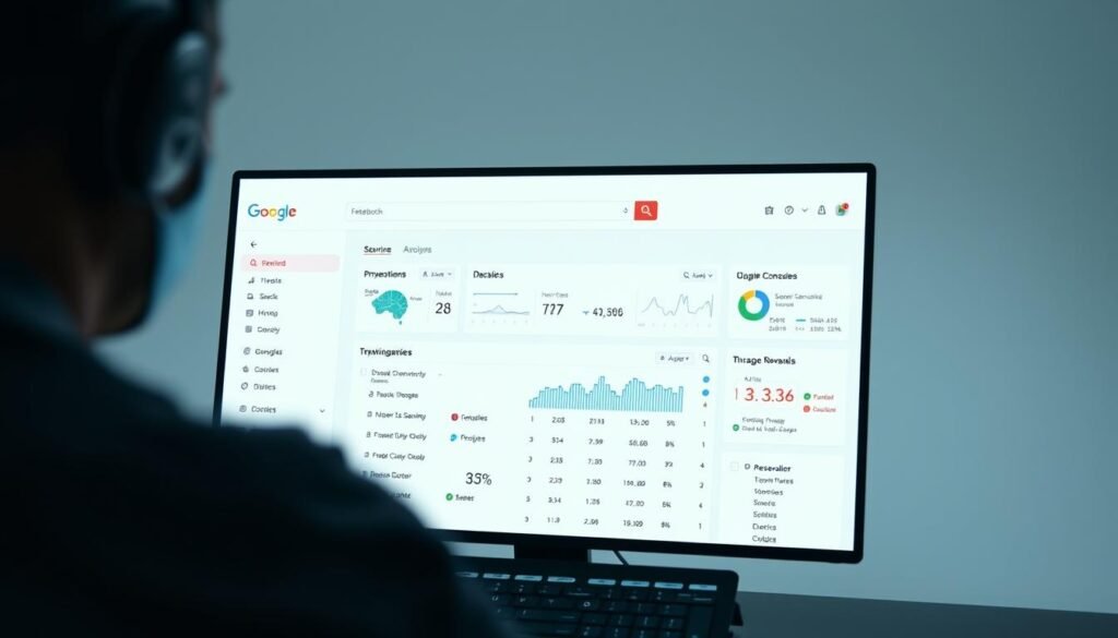 A detailed and professional-looking screenshot of the Google Search Console dashboard, with a clean and minimalist interface. The dashboard should feature prominently in the center of the frame, showcasing the various metrics and tools available to website owners. The background should be a soft, neutral tone that complements the branding and colors of the Google Search Console interface. The lighting should be natural and evenly distributed, creating a sense of depth and clarity. The camera angle should be slightly elevated, providing a comprehensive view of the dashboard and its various sections. The overall mood should convey a sense of reliability, authority, and ease of use, reflecting the importance of Google Search Console in the website management and security process.