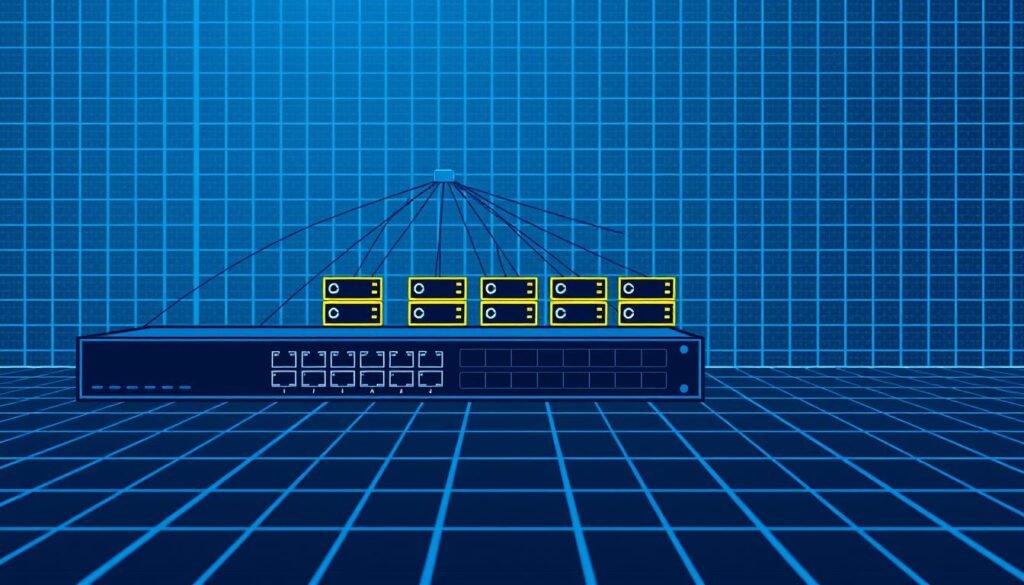 A detailed and technical diagram of a load balancer configuration, rendered in a clean, minimalist style. In the foreground, a simplified illustration of the load balancer itself, with clearly labeled ports and network interfaces. In the middle ground, a grid of server icons representing the backend nodes, connected to the load balancer via crisp lines. The background features a subtle grid pattern, suggesting a data center or cloud environment, bathed in a cool, blue-tinted lighting to convey a sense of precision and control. The overall mood is one of order, functionality, and technical sophistication, suitable for illustrating the step-by-step process of verifying a load balancer configuration.