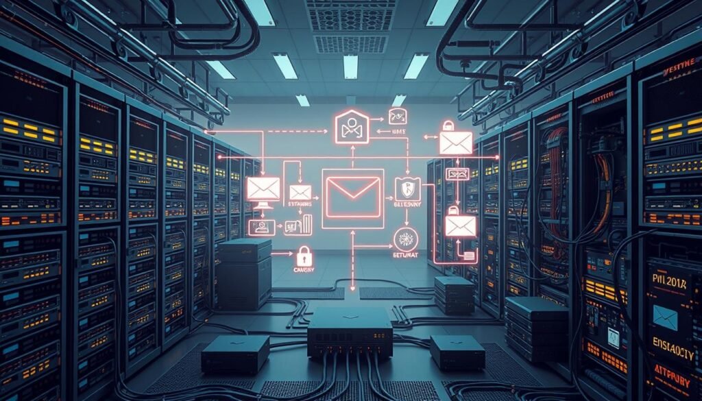 A detailed architectural diagram of an enterprise email system, showcasing its intricate components and security controls. The foreground depicts servers, routers, and firewalls, with intricate cabling and network connections. The middle ground features various security tools, such as email gateways, antivirus scanners, and encryption modules. The background displays a sleek, minimalist data center backdrop, with subtle lighting and a soothing color palette to convey a sense of professionalism and security. The overall scene should evoke a comprehensive, well-designed email security infrastructure, ready to protect against cyber threats.
