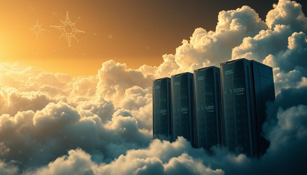 A detailed, cinematic scene of cloud-based cybersecurity infrastructure. In the foreground, a vast, ethereal cloud formation swirls with complex data streams and geometric security protocols. In the middle ground, a cluster of sleek, futuristic server towers stands resolute, their surfaces reflecting the dynamic energy of the clouds. The background is bathed in a warm, golden glow, suggesting the power and reliability of this advanced cloud security system. The lighting is crisp and directional, casting dramatic shadows and highlights that accentuate the technological prowess on display. The overall mood is one of sophistication, innovation, and unwavering protection.