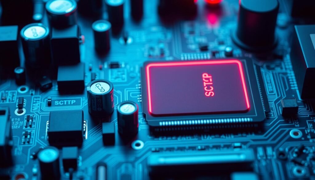 A detailed close-up view of a computer circuit board, with a section highlighted in red to represent a buffer overflow vulnerability in the SCTP (Stream Control Transmission Protocol) implementation. The board is bathed in a cool, blue-tinted lighting, creating a sense of technical complexity and potential danger. The composition emphasizes the intricate details of the circuit traces, capacitors, and other electronic components, conveying the idea of a delicate, interconnected system that can be disrupted by a software flaw. The overall mood is one of technical precision, subtle foreboding, and the need to understand and address the underlying security risks.