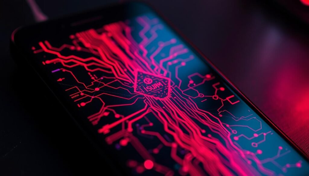 A detailed close-up view of an Android smartphone screen, capturing the eerie glow of a malware infection. The display shows a sinister network of lines and shapes, pulsing with an ominous energy, overlaying the device's interface. Vibrant red and purple hues cast an unsettling atmosphere, while subtle shadows and highlights accentuate the technological decay. The image conveys a sense of digital violation, a cautionary tale of the risks posed by careless software usage. The scene is captured with a shallow depth of field, drawing the viewer's focus to the corrupted screen at the center of the frame.