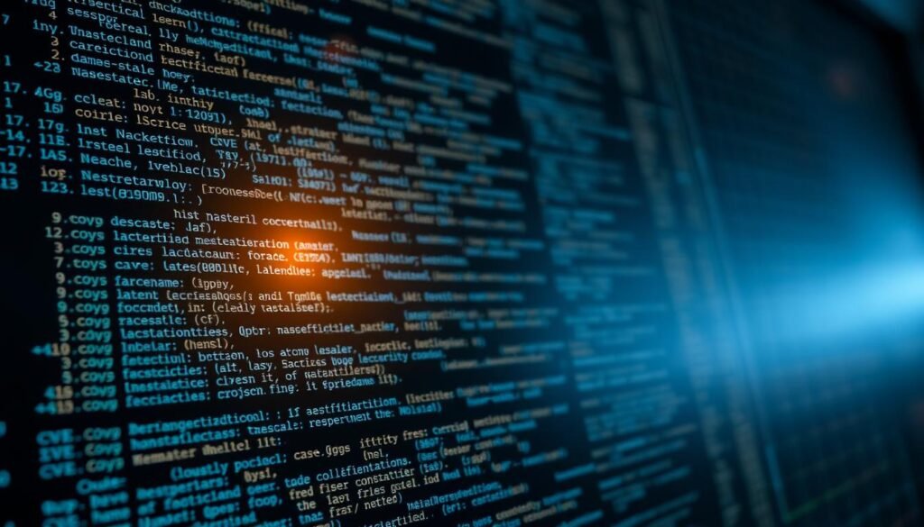 A detailed close-up view of the Linux kernel codebase, with a focus on critical vulnerabilities. The foreground depicts various CVE identification numbers and descriptions floating above the source code, illuminated by a warm, focused light. The middle ground showcases the intricate nested functions and data structures that make up the kernel, while the background fades into a subtle mesh of hex grids and cryptographic patterns, hinting at the complex security challenges faced by this vital open-source project. The overall atmosphere conveys a sense of technical depth, urgency, and the ongoing struggle to maintain the integrity of this foundational software component.