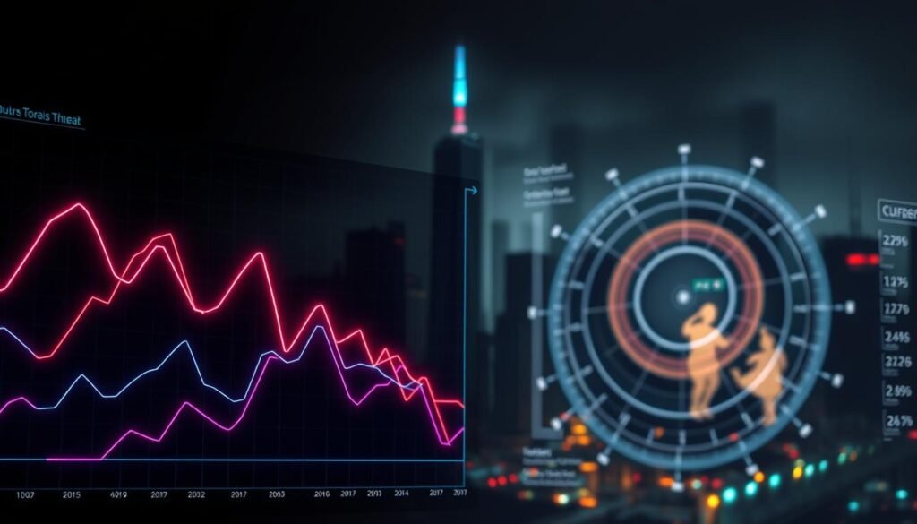 A detailed cybersecurity data visualization, with a sleek, futuristic aesthetic. In the foreground, a dynamic line graph showcases current cybersecurity trends, the lines pulsing with vivid neon hues against a dark backdrop. In the midground, a sophisticated radar chart illuminates risk factors, the segments glowing with an ominous intensity. The background features a cityscape silhouette, its skyscrapers shrouded in a hazy, technological atmosphere, conveying a sense of the looming threat landscape. Dramatic lighting casts dramatic shadows, while a subtle depth-of-field blur emphasizes the focal points. The overall mood is one of data-driven insights, cautionary notes, and the relentless march of technological progress.