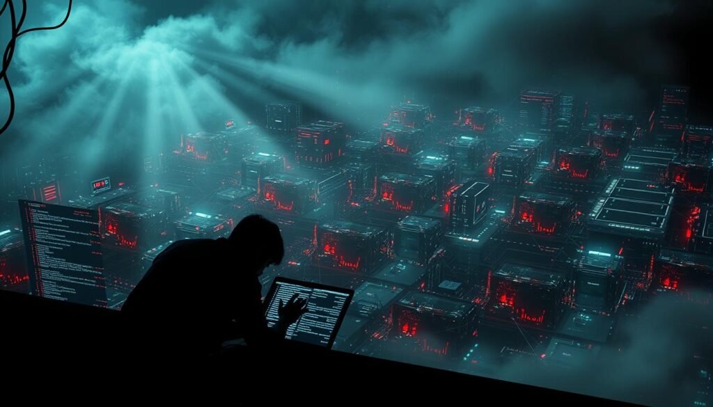 A detailed cybersecurity landscape depicting a data breach in progress. In the foreground, a shadowy figure hunched over a laptop, lines of code cascading across the screen. In the middle ground, a sprawling network of interconnected devices, each a potential vulnerability, pulsing with ominous energy. The background shrouded in a haze of digital fog, hinting at the scale and complexity of the threat. Dramatic lighting casts dramatic shadows, creating a sense of tension and urgency. The overall scene conveys the magnitude and severity of CVE exploitation, a cautionary tale of the dangers lurking within outdated software. A detailed cybersecurity landscape depicting a data breach in progress. In the foreground, a shadowy figure hunched over a laptop, lines of code cascading across the screen. In the middle ground, a sprawling network of interconnected devices, each a potential vulnerability, pulsing with ominous energy. The background shrouded in a haze of digital fog, hinting at the scale and complexity of the threat. Dramatic lighting casts dramatic shadows, creating a sense of tension and urgency. The overall scene conveys the magnitude and severity of CVE exploitation, a cautionary tale of the dangers lurking within outdated software.