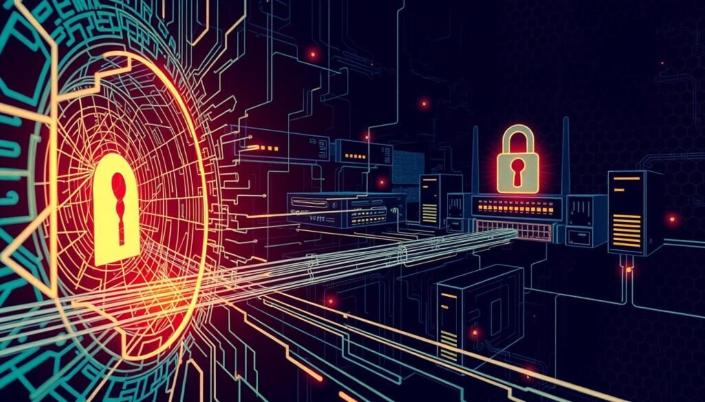 A detailed digital illustration depicting the technical aspects of VPN encryption. In the foreground, a secure, encrypted data tunnel is shown, with intricate lines and geometric patterns representing the cryptographic protocols. In the middle ground, various network devices like routers, firewalls, and servers are depicted, all connected by the encrypted VPN link. The background features a dark, moody atmosphere with subtle hexagonal grid patterns, representing the complex infrastructure of a hardened VPN system. The overall scene conveys a sense of robust security, privacy, and technical sophistication, suitable for visualizing the "Security hardening essentials for your VPN server and clients" section of the article.