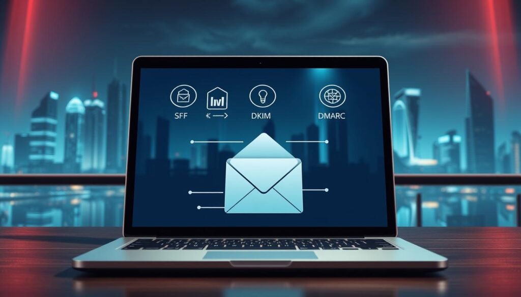 A detailed digital illustration showcasing the core components of email authentication. In the foreground, a laptop screen displays SPF, DKIM, and DMARC authentication protocols, each represented by distinctive icons. The middle ground features a stylized email envelope, highlighting the importance of these security measures for deliverability and anti-spoofing. The background depicts a serene, futuristic cityscape with towering skyscrapers, conveying a sense of technological sophistication. The lighting is soft and diffused, creating a clean, professional atmosphere. The camera angle is slightly elevated, providing an overview of the scene and emphasizing the interconnected nature of email security. A detailed digital illustration showcasing the core components of email authentication. In the foreground, a laptop screen displays SPF, DKIM, and DMARC authentication protocols, each represented by distinctive icons. The middle ground features a stylized email envelope, highlighting the importance of these security measures for deliverability and anti-spoofing. The background depicts a serene, futuristic cityscape with towering skyscrapers, conveying a sense of technological sophistication. The lighting is soft and diffused, creating a clean, professional atmosphere. The camera angle is slightly elevated, providing an overview of the scene and emphasizing the interconnected nature of email security.