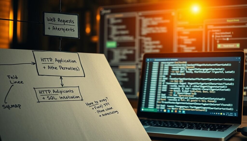 A detailed network diagram with a web application, HTTP requests, and SQL database connections. In the foreground, a hand-drawn diagram shows the flow of HTTP requests, GET and POST data, and authentication mechanisms. The middle ground features a laptop displaying the sqlmap tool interface, with various command-line options and parameters. In the background, a blurred representation of a SQL database schema, with tables, columns, and relationships. The scene is illuminated by a warm, focused light, creating a sense of technical depth and exploration. The overall mood is one of investigation and problem-solving, inviting the viewer to delve into the intricacies of web application security and database vulnerabilities. A detailed network diagram with a web application, HTTP requests, and SQL database connections. In the foreground, a hand-drawn diagram shows the flow of HTTP requests, GET and POST data, and authentication mechanisms. The middle ground features a laptop displaying the sqlmap tool interface, with various command-line options and parameters. In the background, a blurred representation of a SQL database schema, with tables, columns, and relationships. The scene is illuminated by a warm, focused light, creating a sense of technical depth and exploration. The overall mood is one of investigation and problem-solving, inviting the viewer to delve into the intricacies of web application security and database vulnerabilities.