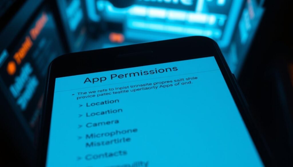 A detailed overhead view of a smartphone screen displaying a list of app permissions. The foreground shows the phone's user interface, with a prominent "App Permissions" header and a scrollable list of permissions such as "Location", "Camera", "Microphone", and "Contacts". The middle ground features an array of app icons, representing various installed applications. The background depicts a dimly lit, ominous environment, hinting at the potential risks of granting excessive permissions to untrustworthy apps. The scene is illuminated by a cool, bluish-tinted lighting, creating a sense of unease and digital surveillance. The overall composition conveys the importance of carefully managing app permissions to protect one's privacy and security.