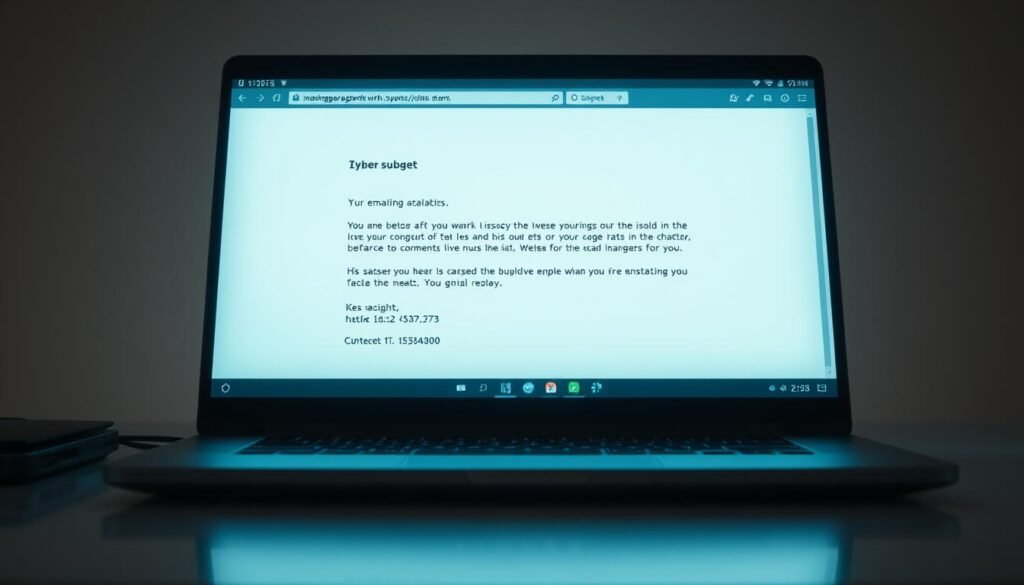 A detailed, realistic email message displayed on a sleek laptop screen. The message is subtle and unassuming, with a professional subject line and sender information. The screen is bathed in a soft, ambient light, creating a sense of calm and focus. The laptop is placed on a clean, minimalist desk, with a simple background that avoids distractions. The overall mood is one of cautious curiosity, inviting the viewer to consider the potential dangers of this seemingly harmless email. A detailed, realistic email message displayed on a sleek laptop screen. The message is subtle and unassuming, with a professional subject line and sender information. The screen is bathed in a soft, ambient light, creating a sense of calm and focus. The laptop is placed on a clean, minimalist desk, with a simple background that avoids distractions. The overall mood is one of cautious curiosity, inviting the viewer to consider the potential dangers of this seemingly harmless email.