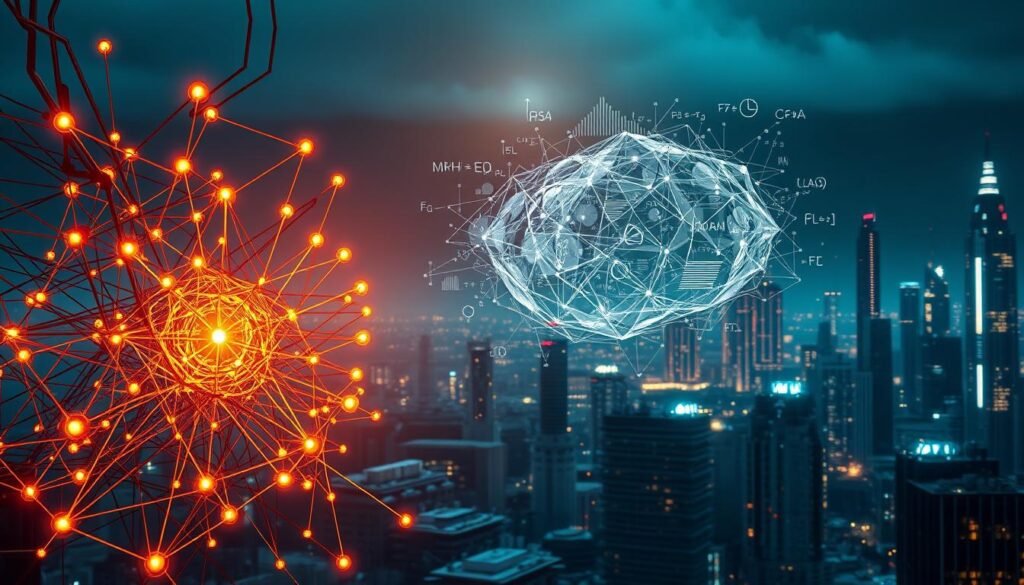 A detailed schematic diagram depicting the core components of machine learning. In the foreground, a neural network architecture with intricately woven layers, nodes, and connections, illuminated by a warm, focused light. In the middle ground, a cloud of abstract data representations - graphs, charts, and complex mathematical equations - swirling and interacting. In the background, a futuristic cityscape of gleaming high-rises and advanced technology, symbolizing the integration of machine learning into the fabric of modern life. The overall scene conveys a sense of scientific exploration, technological progress, and the transformative power of artificial intelligence.