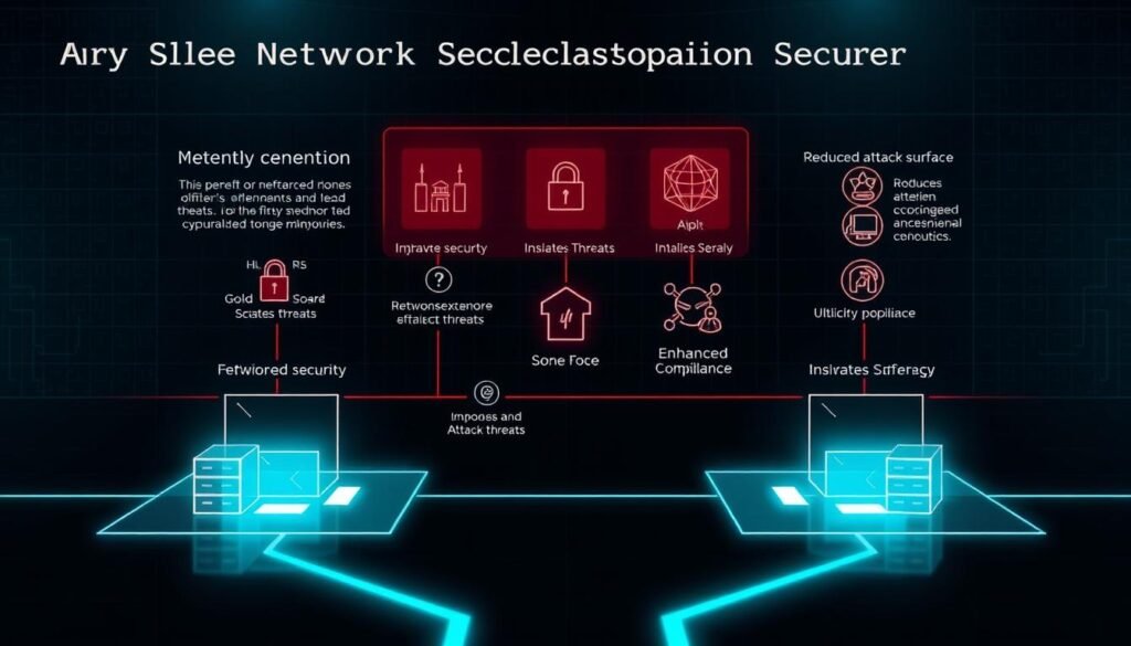 A detailed, technical diagram of network segmentation benefits, rendered in a clean, minimalist style with a focus on highlighting the key concepts. In the foreground, distinct network zones with firewalls and access controls are depicted, showcasing how segmentation isolates threats. The middle ground features icons and illustrations representing improved security, reduced attack surface, and enhanced compliance. The background has a subtle grid or circuit board pattern, conveying the underlying technological infrastructure. The lighting is soft and evenly distributed, creating a sense of clarity and professionalism. The overall tone is informative, serious, and visually compelling, suitable for illustrating the "Why Network Segmentation Is a Powerful Security Strategy" section.