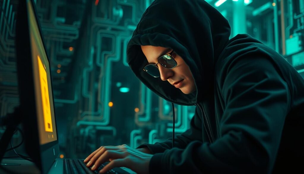 A determined hacker, cloaked in digital shadows, hunches over a glowing computer screen, the faint glow illuminating their focused expression. In the background, a maze of circuitry and data streams pulse with an ominous rhythm, hinting at the complex web of systems they seek to infiltrate. The scene is lit by a cool, teal-tinted light, creating an atmosphere of calculated intensity. The camera angle is slightly low, emphasizing the hacker's sense of control and authority over the digital landscape. The overall mood conveys the cunning and analytical mindset required to think like an attacker in the high-stakes world of incident response. A determined hacker, cloaked in digital shadows, hunches over a glowing computer screen, the faint glow illuminating their focused expression. In the background, a maze of circuitry and data streams pulse with an ominous rhythm, hinting at the complex web of systems they seek to infiltrate. The scene is lit by a cool, teal-tinted light, creating an atmosphere of calculated intensity. The camera angle is slightly low, emphasizing the hacker's sense of control and authority over the digital landscape. The overall mood conveys the cunning and analytical mindset required to think like an attacker in the high-stakes world of incident response.