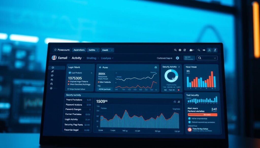 A digital dashboard showcasing a user's email account activity. In the foreground, a modern desktop interface displays a timeline of recent login attempts, password changes, and suspicious activity. The middle ground features visualization tools like graphs and charts, providing insights into login patterns, device locations, and security alerts. The background subtly blends shades of blue and gray, conveying a sense of digital security and data analysis. Lighting is crisp and focused, with a slight depth of field to draw the viewer's attention to the account details. The overall scene reflects a comprehensive, user-friendly approach to monitoring and safeguarding an email account.