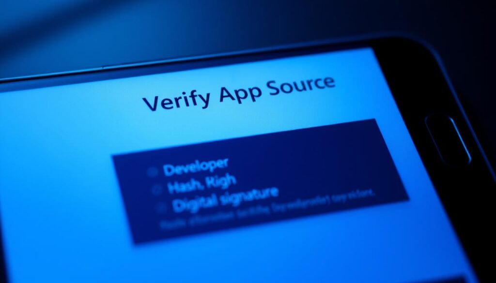A digital device screen displaying a user interface for verifying the source of an app. The screen shows a clean, minimalist design with a prominent "Verify App Source" title. Underneath, a section displays information about the app's developer, hash, and digital signature, allowing the user to cross-check the app's legitimacy. The screen is bathed in a cool, blue-tinted lighting, creating a sense of trustworthiness and security. The composition is balanced, with the information displayed in a clear, easy-to-read layout. The overall mood conveys a sense of caution and vigilance, empowering the user to make an informed decision about the app's trustworthiness. A digital device screen displaying a user interface for verifying the source of an app. The screen shows a clean, minimalist design with a prominent "Verify App Source" title. Underneath, a section displays information about the app's developer, hash, and digital signature, allowing the user to cross-check the app's legitimacy. The screen is bathed in a cool, blue-tinted lighting, creating a sense of trustworthiness and security. The composition is balanced, with the information displayed in a clear, easy-to-read layout. The overall mood conveys a sense of caution and vigilance, empowering the user to make an informed decision about the app's trustworthiness.